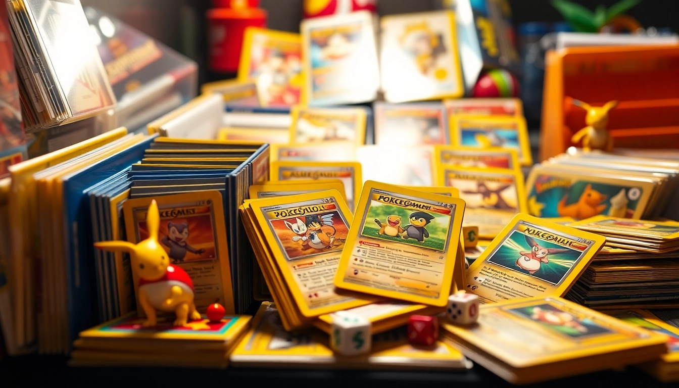 Explore a collection of Pokémon cards India, showcasing vibrant booster packs and collectibles creatively displayed with figurines.