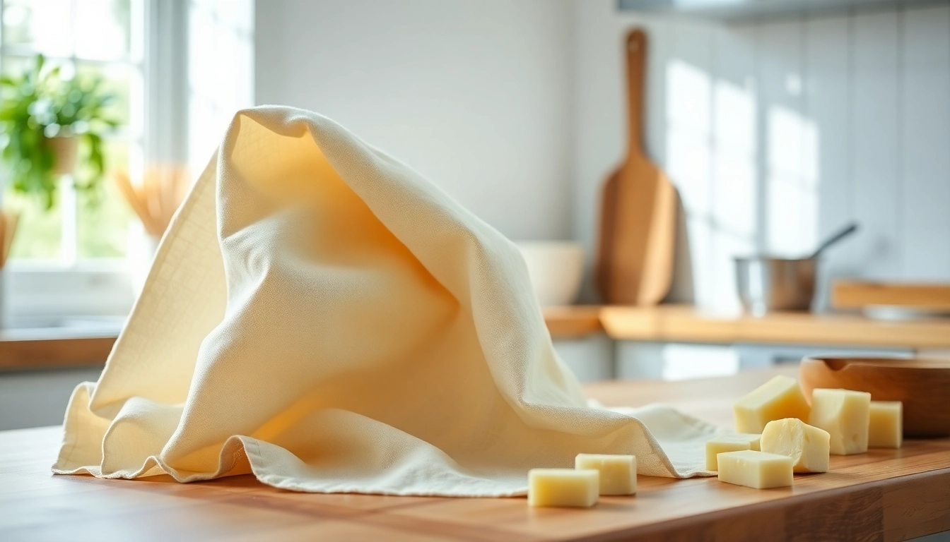 Kaasdoek gebruikt als zeefdoek in een professionele keukenomgeving.