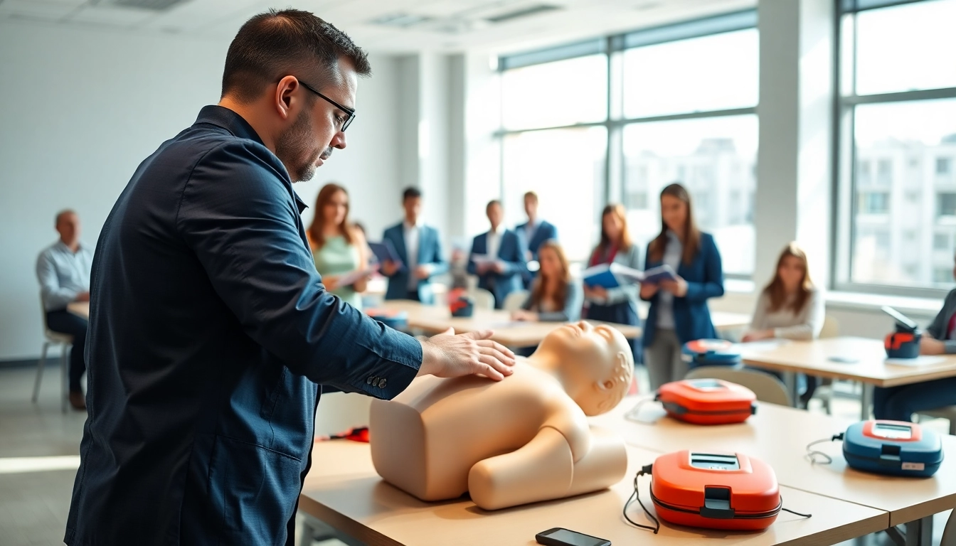 AED certification training with instructor demonstrating CPR techniques for effective lifesaving skills.