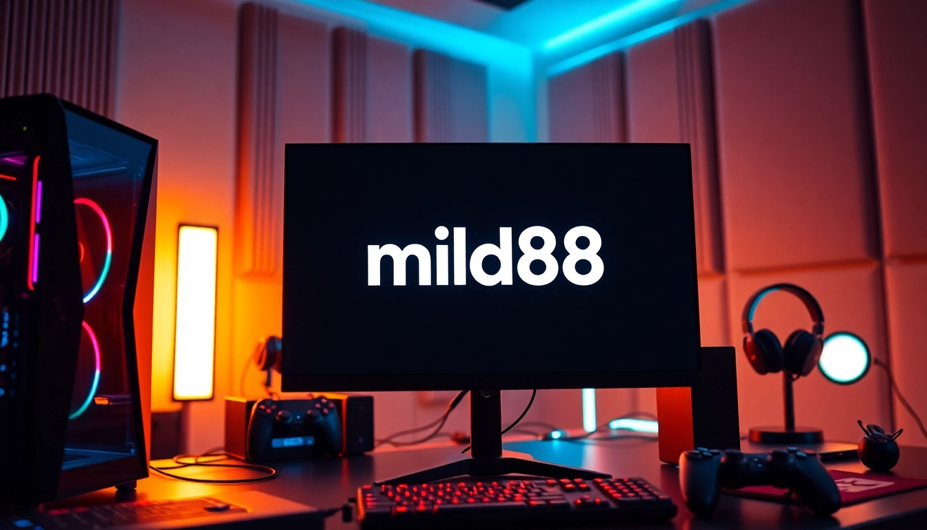 Menampilkan logo mild88 dengan setup gaming profesional dan suasana yang penuh energi.