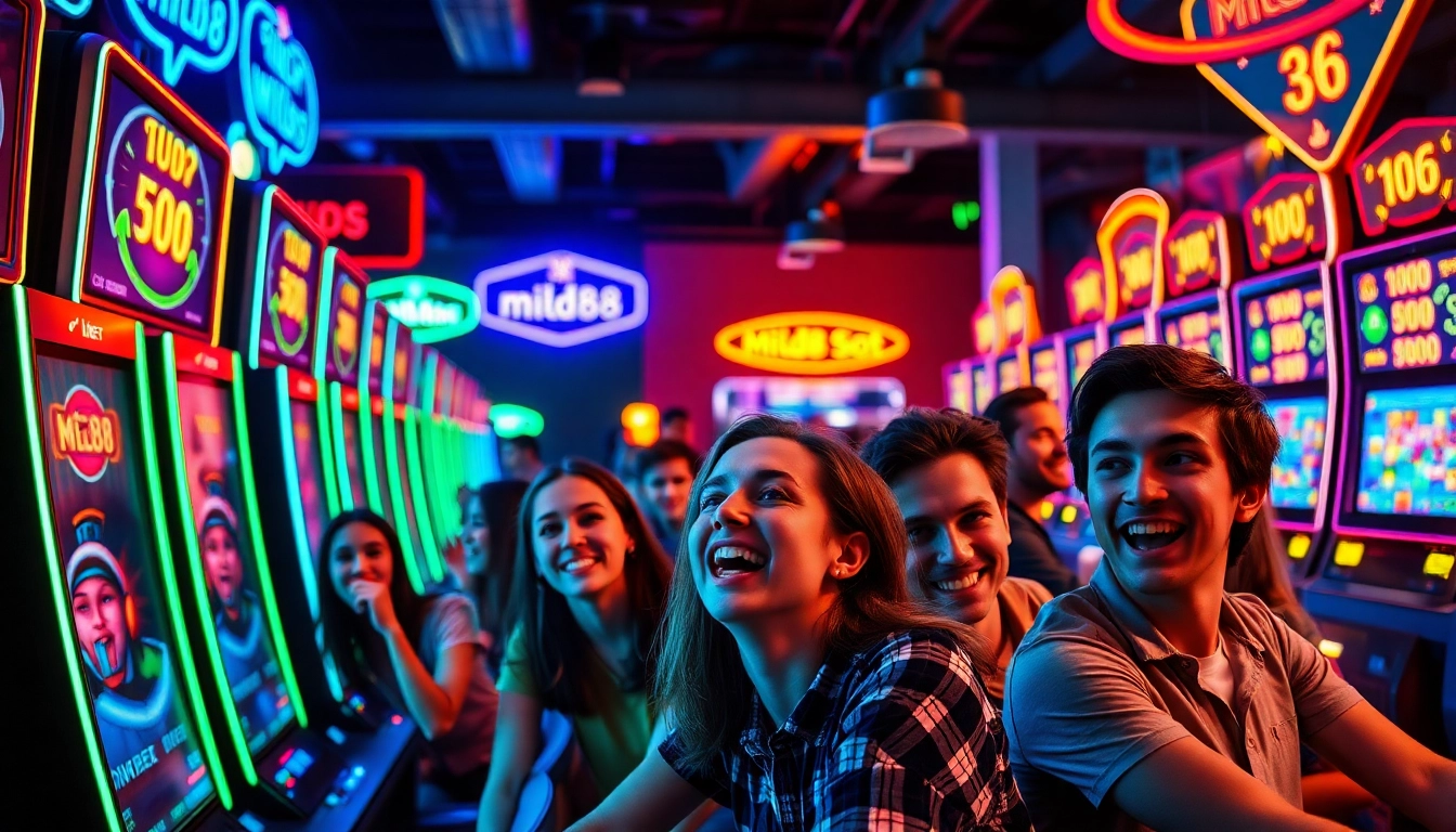 Mainkan mild88 slot dengan pemain antusias di lingkungan gaming yang cerah dan hidup.