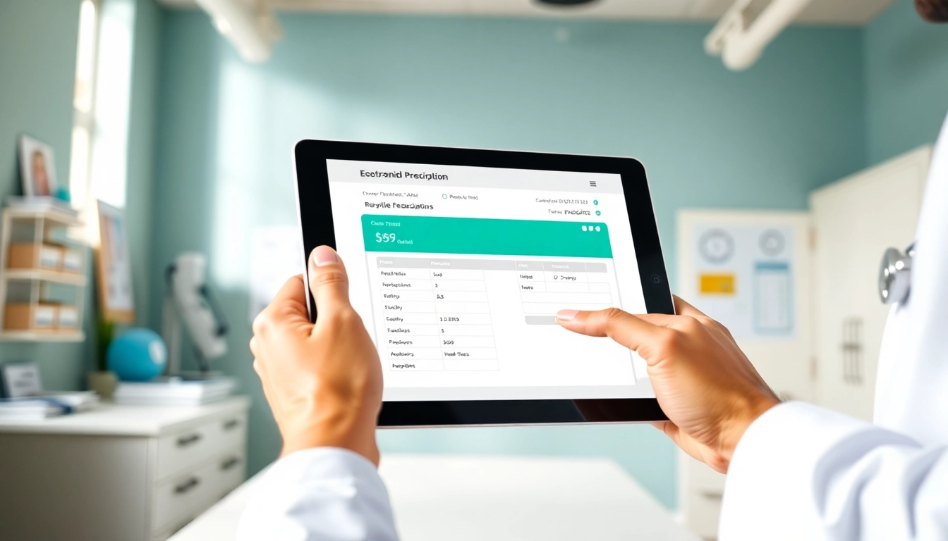 Doctor utilizing best eprescription apps on a tablet in a bright clinic setting.