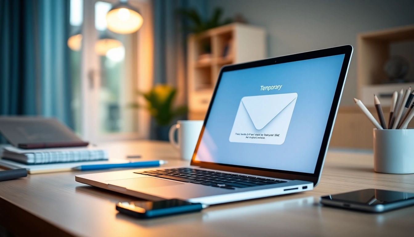 Utilizing temporary email service on a laptop in a modern home office setup.